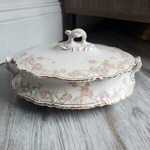 Antique Homer Laughlin Hudson Floral Tureen with Lid Floral Gold Trim H-170
